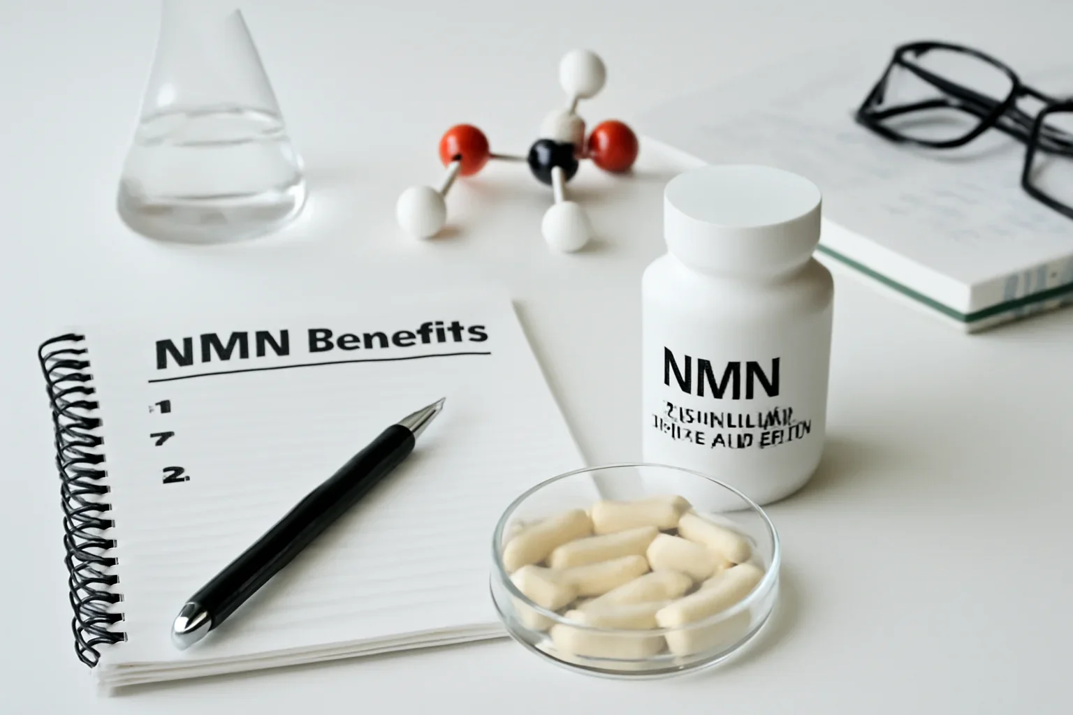 Editorial image representing NMN Benefits on a clean research desk