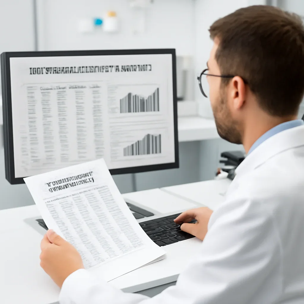 Researcher reviewing supplement batch testing results on a screen
