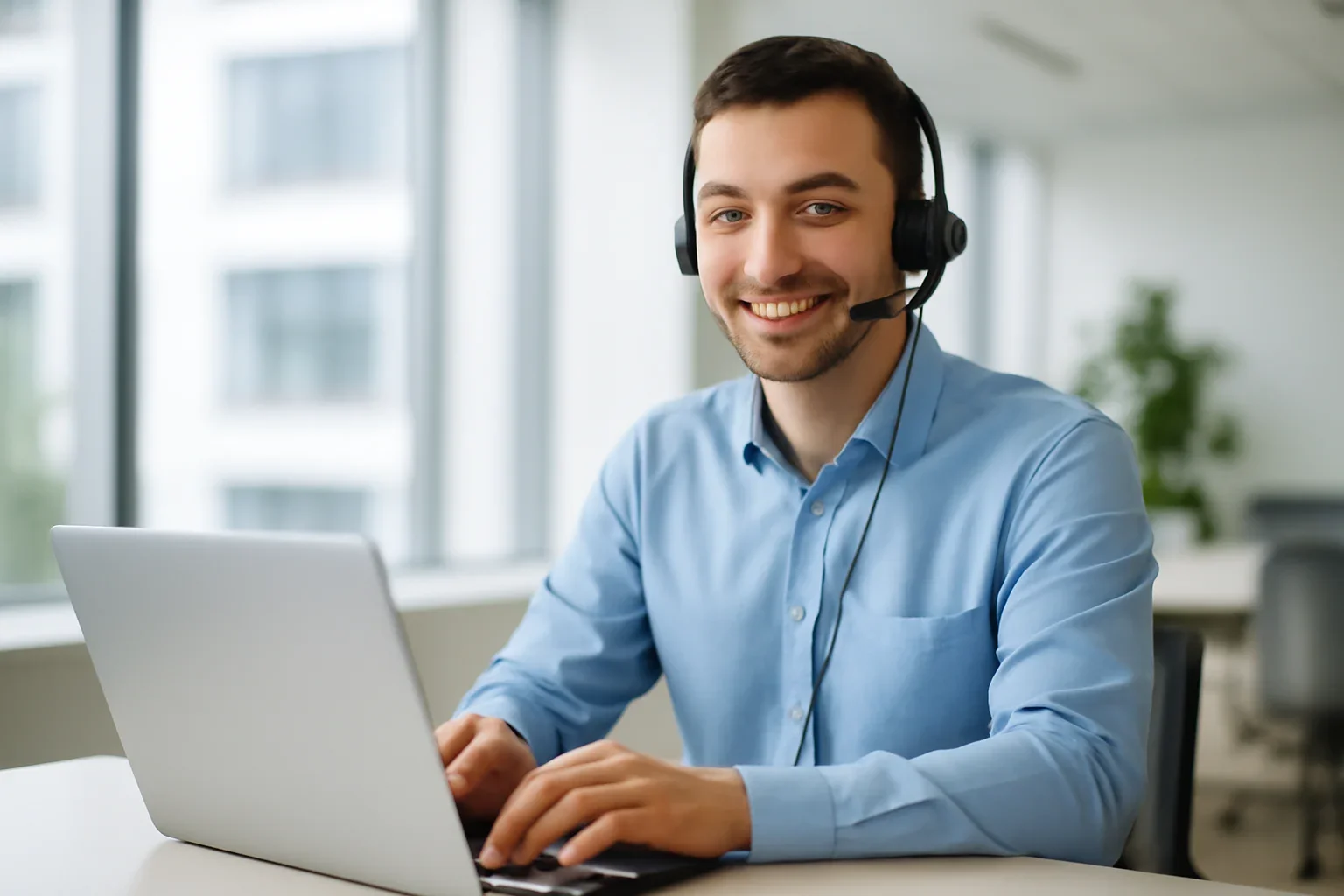 Customer support representative using a laptop in a bright office