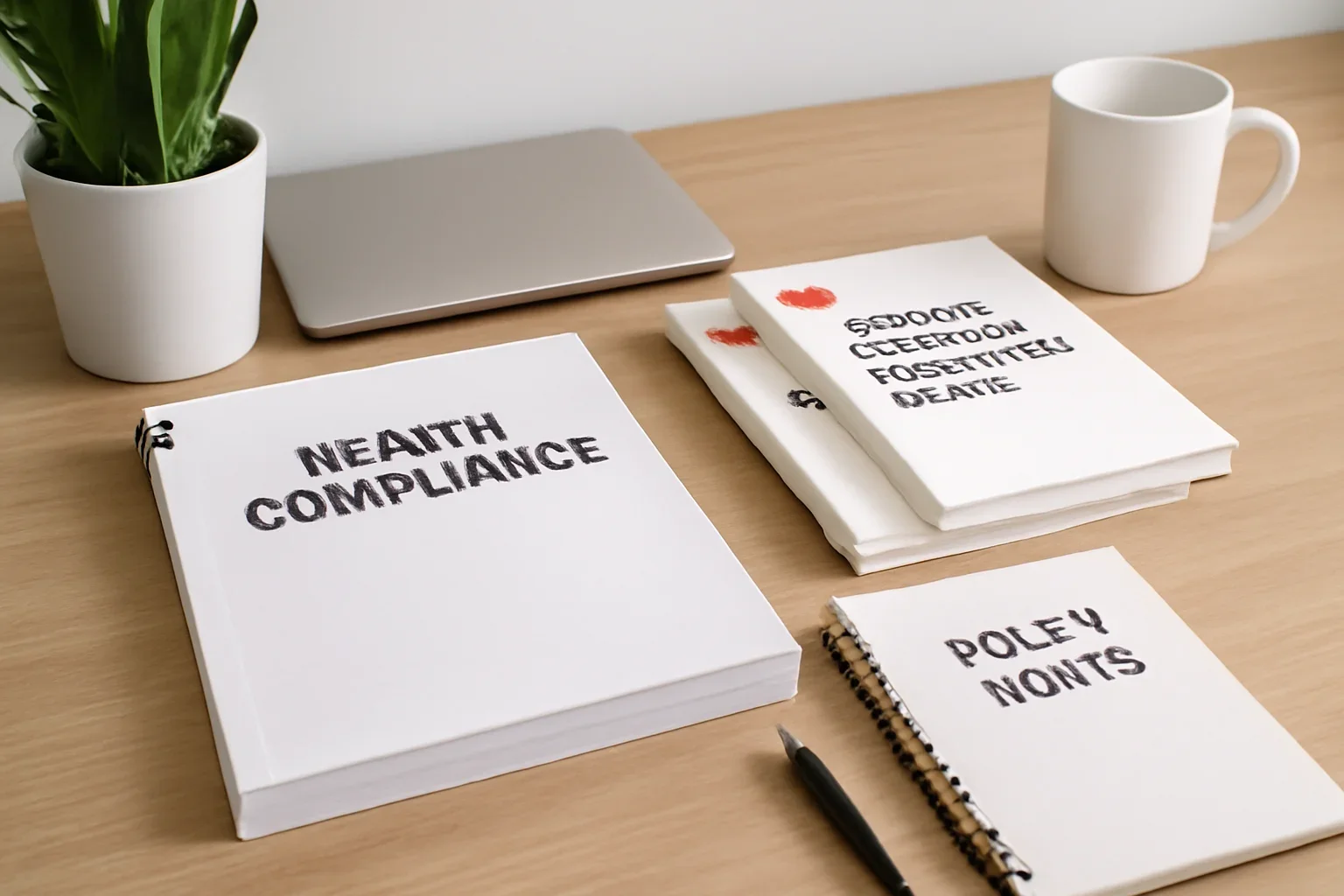 Health-related compliance documents and Canadian reference notes on a desk
