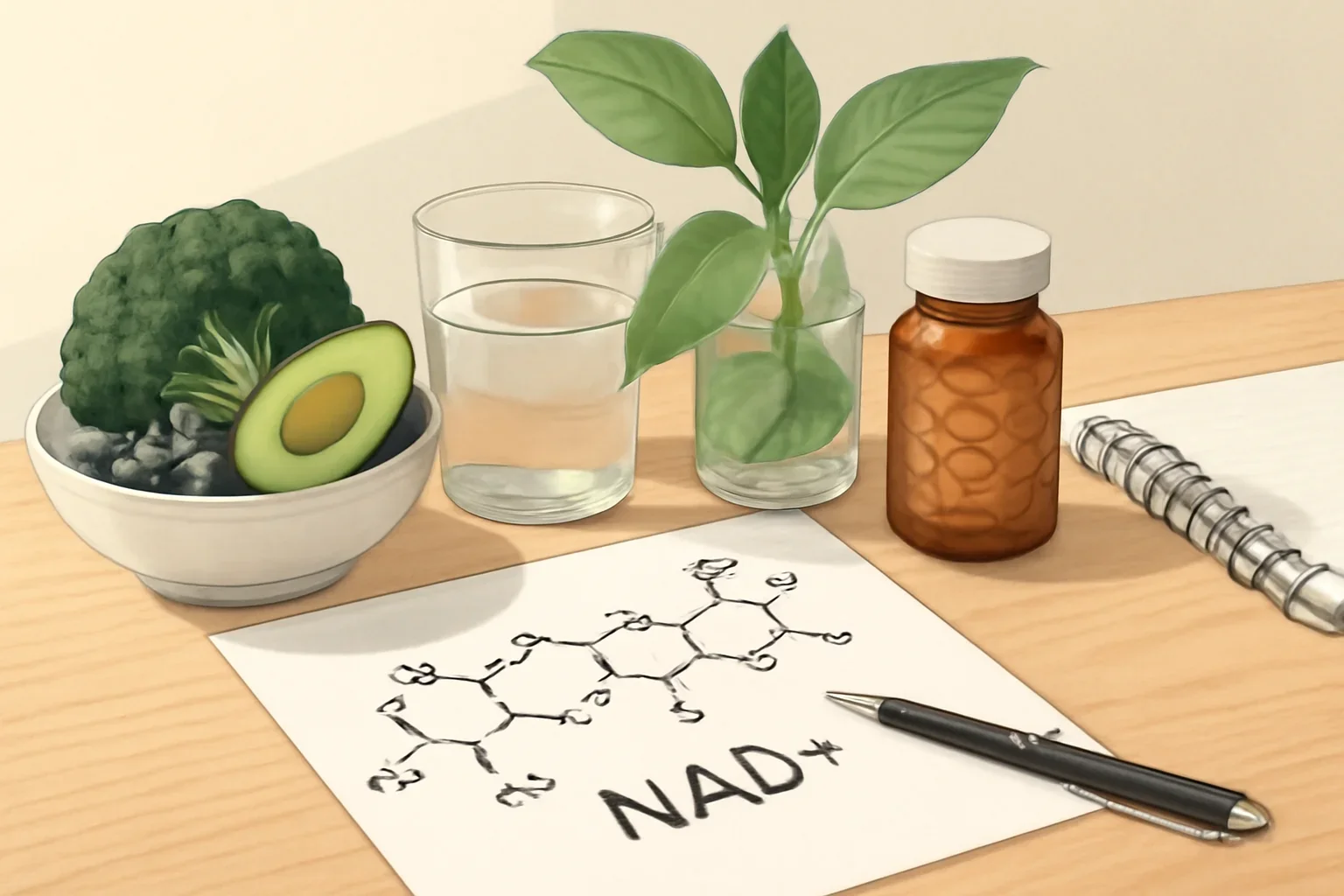 Editorial illustration space for article topic How to Increase NAD+ Levels Naturally