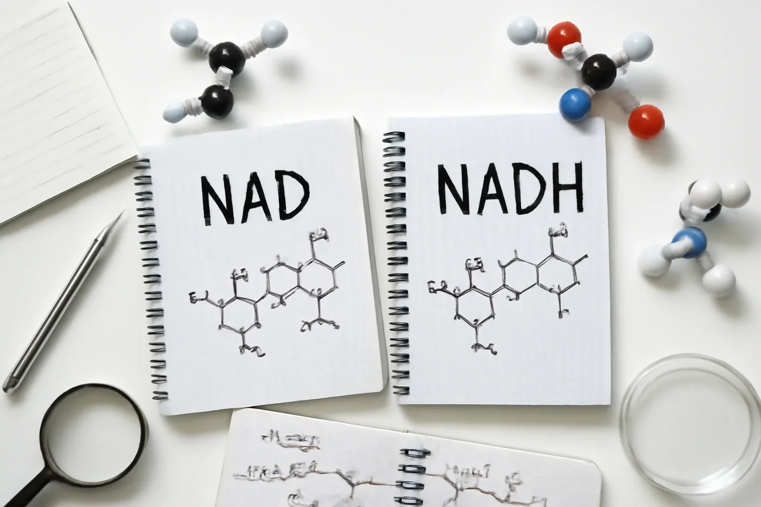 Editorial image representing NAD vs NADH on a clean research desk
