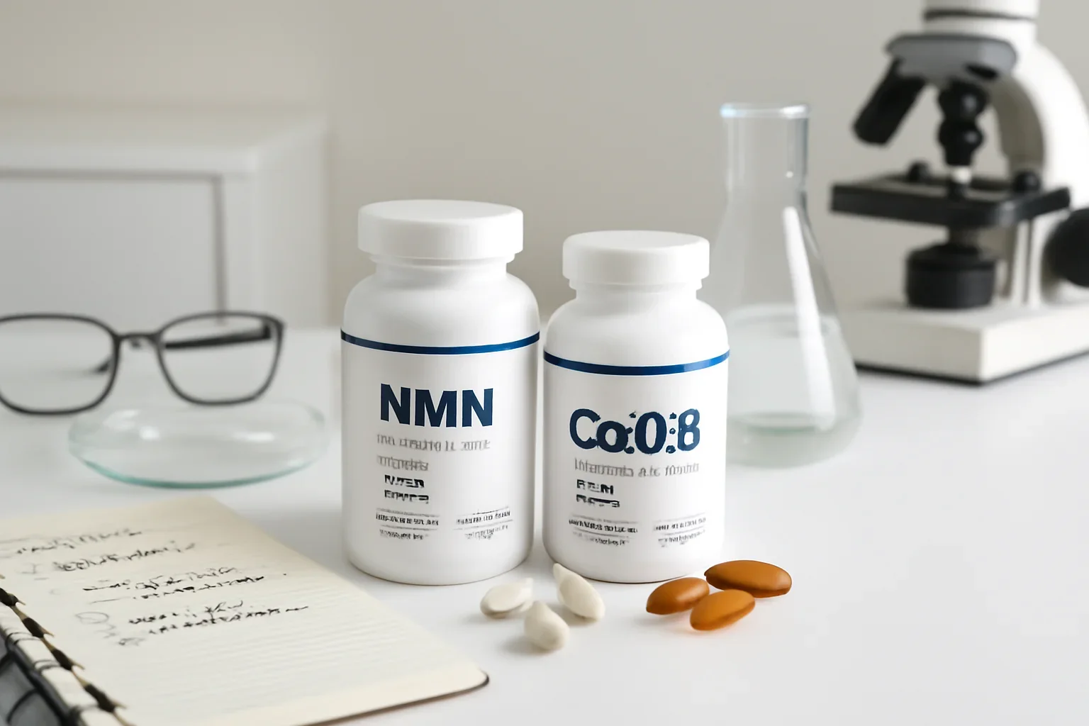 Editorial image representing NMN + CoQ10 Stack on a clean research desk