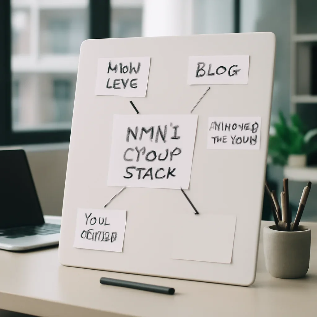 Website planning notes connecting NMN + CoQ10 Stack to related educational pages