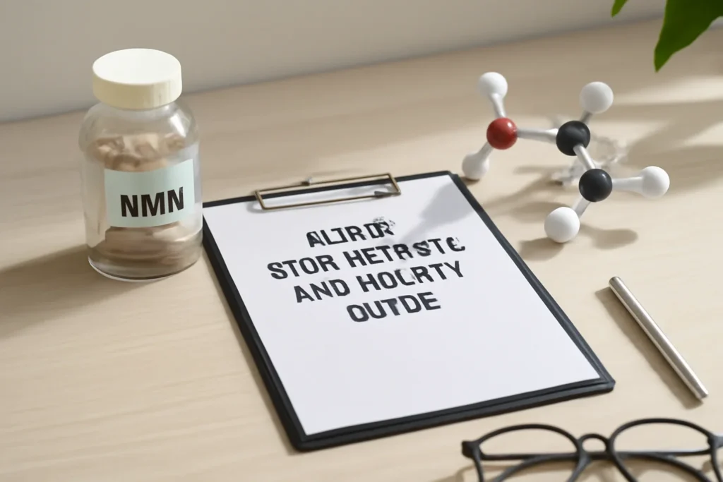 Editorial illustration space for article topic NMN Side Effects and Safety Guide
