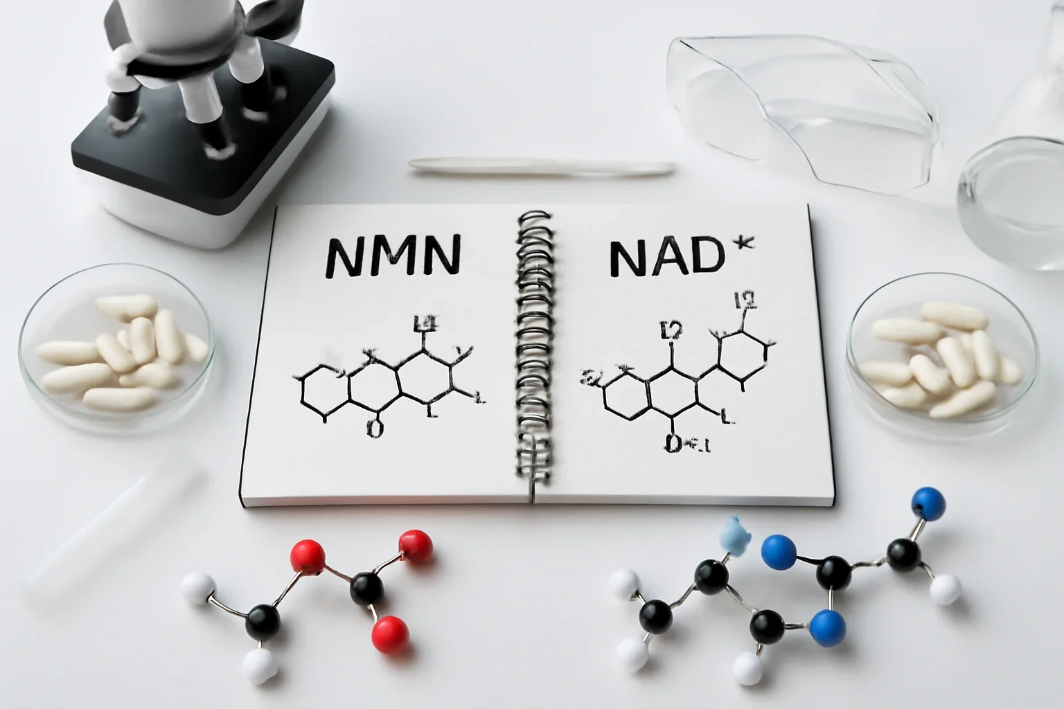 Editorial image representing NMN vs NAD+ on a clean research desk