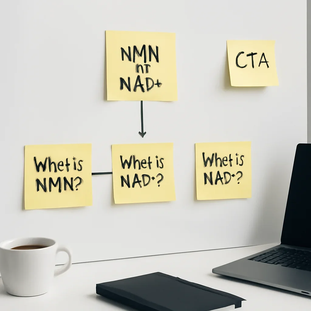 Website planning notes connecting NMN vs NAD+ to related educational pages