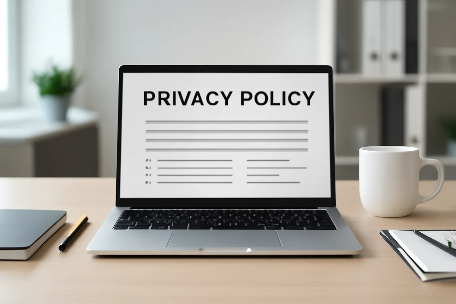Privacy policy document displayed on a laptop screen in an office