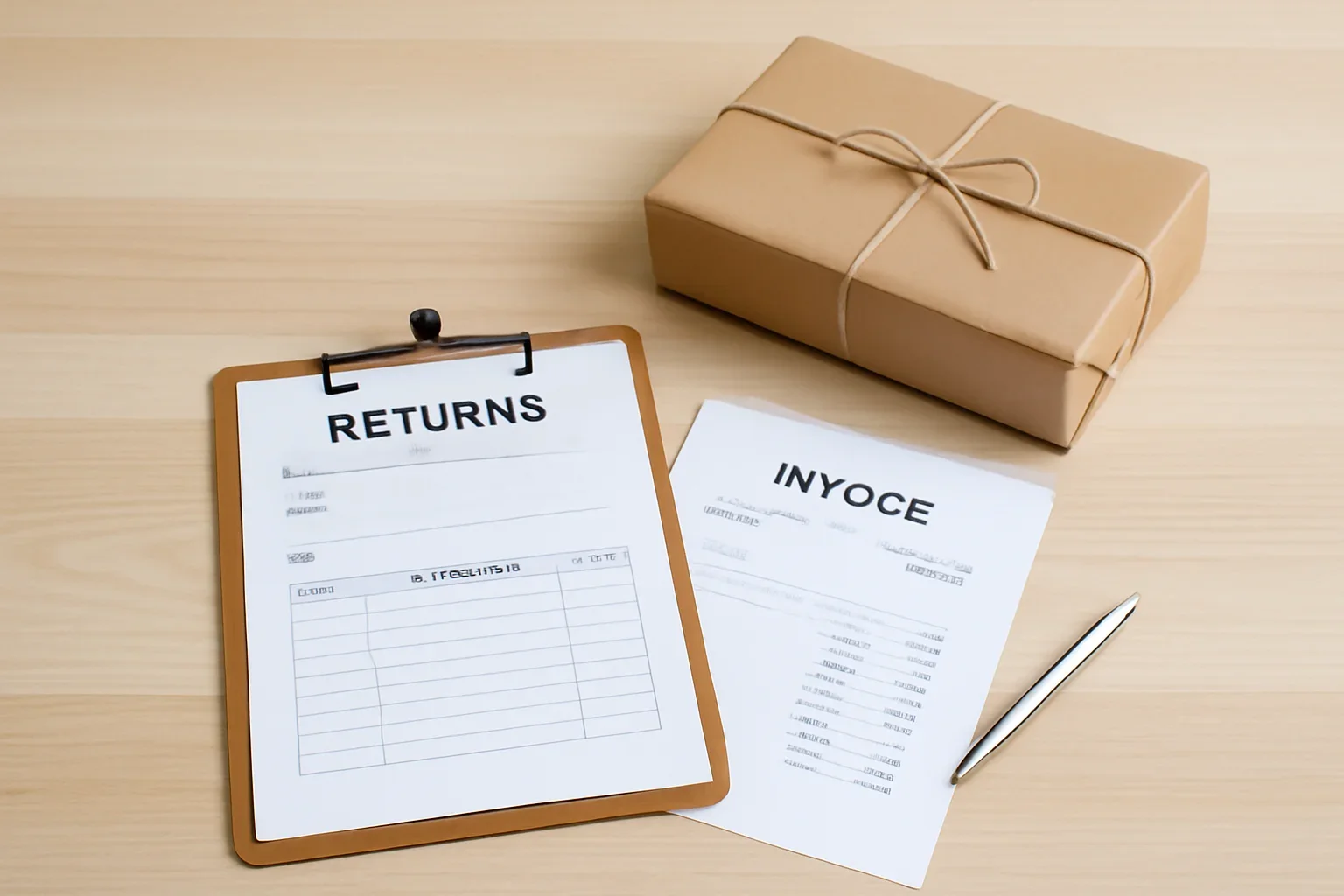 Returns documents and parcel placed on a clean desk