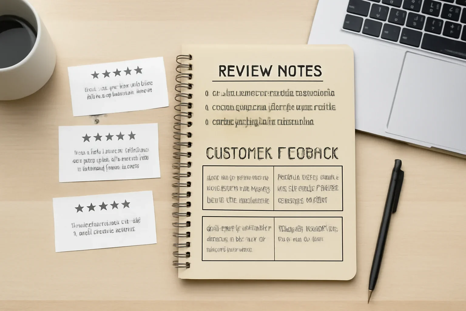 Notebook with review notes and customer feedback summaries on a desk