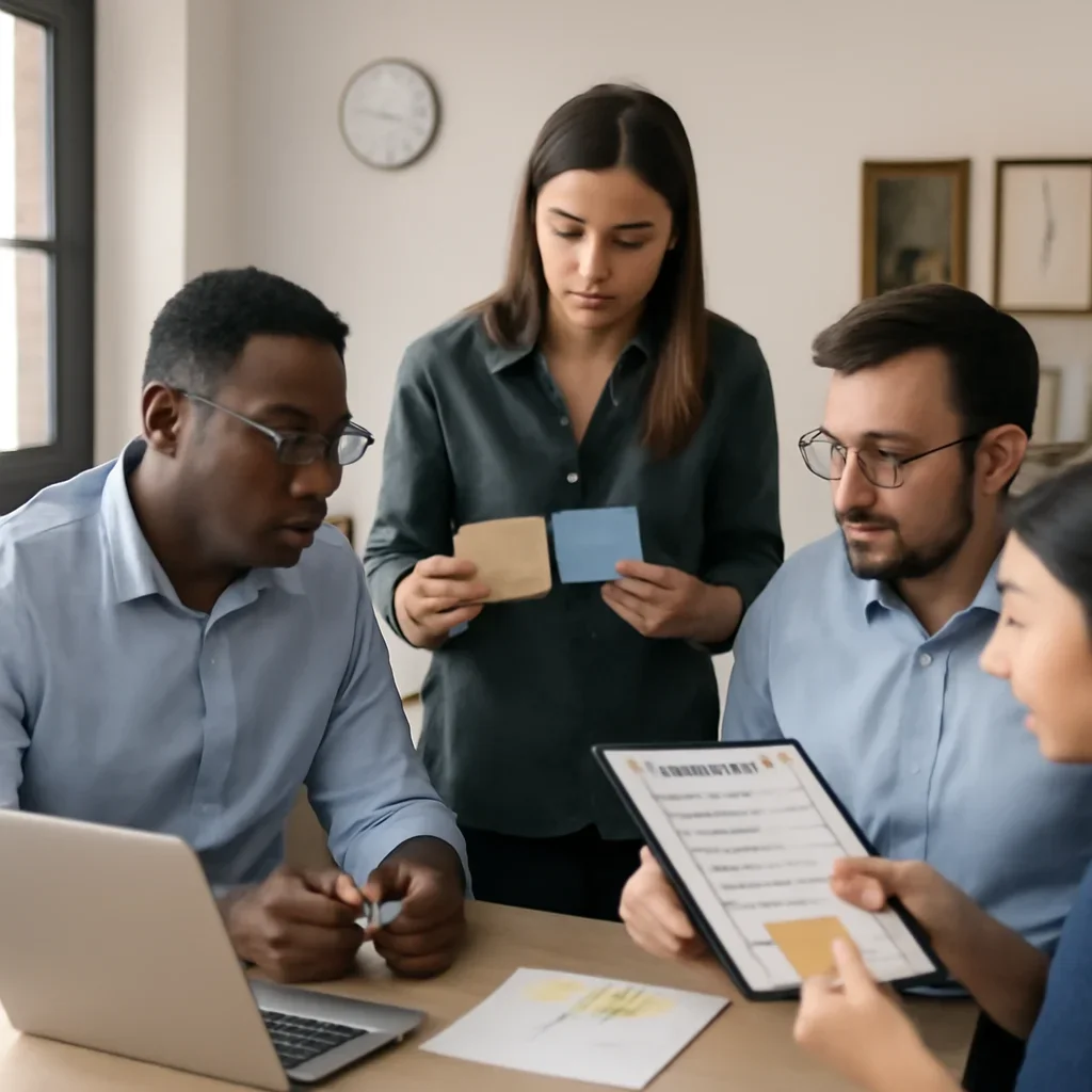 Support team reviewing feedback and quality notes in an office