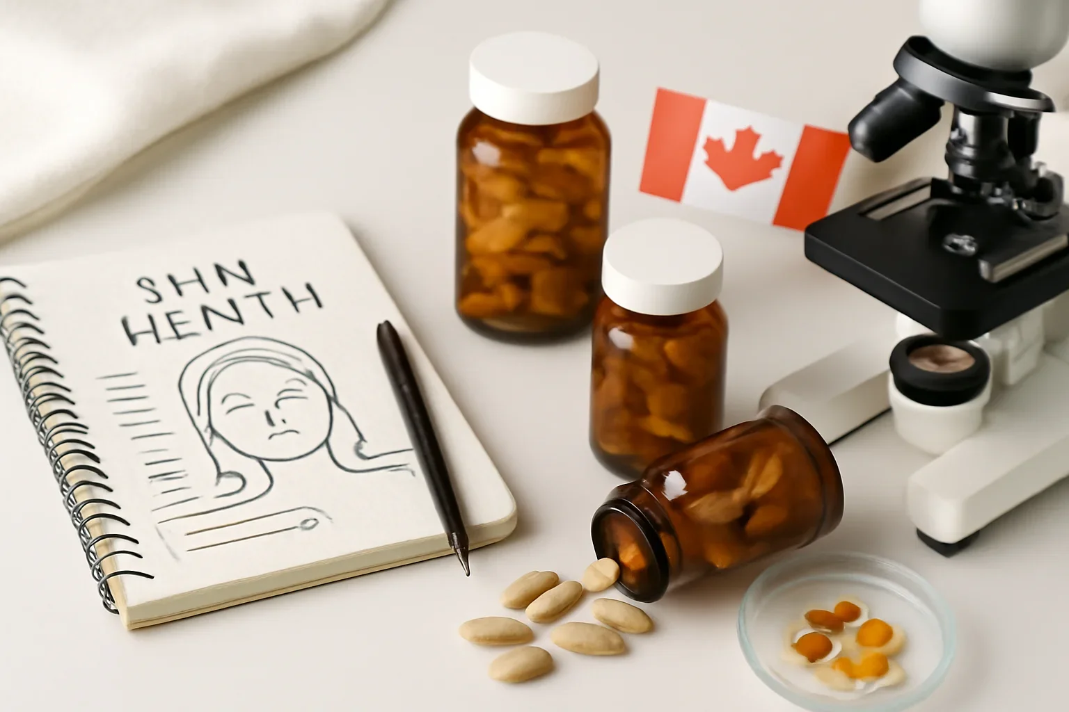 Editorial image representing Skin Health Supplements Canada on a clean research desk